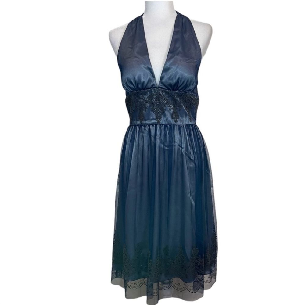 ADRIANNA PAPELL Boutique Halter Blue Dress Embellished‎ Y2K Size 4P
